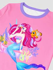 Tween Girl Snug Fit Red Mermaid Long Sleeve Sleepwear Set - Multicolor - View 3