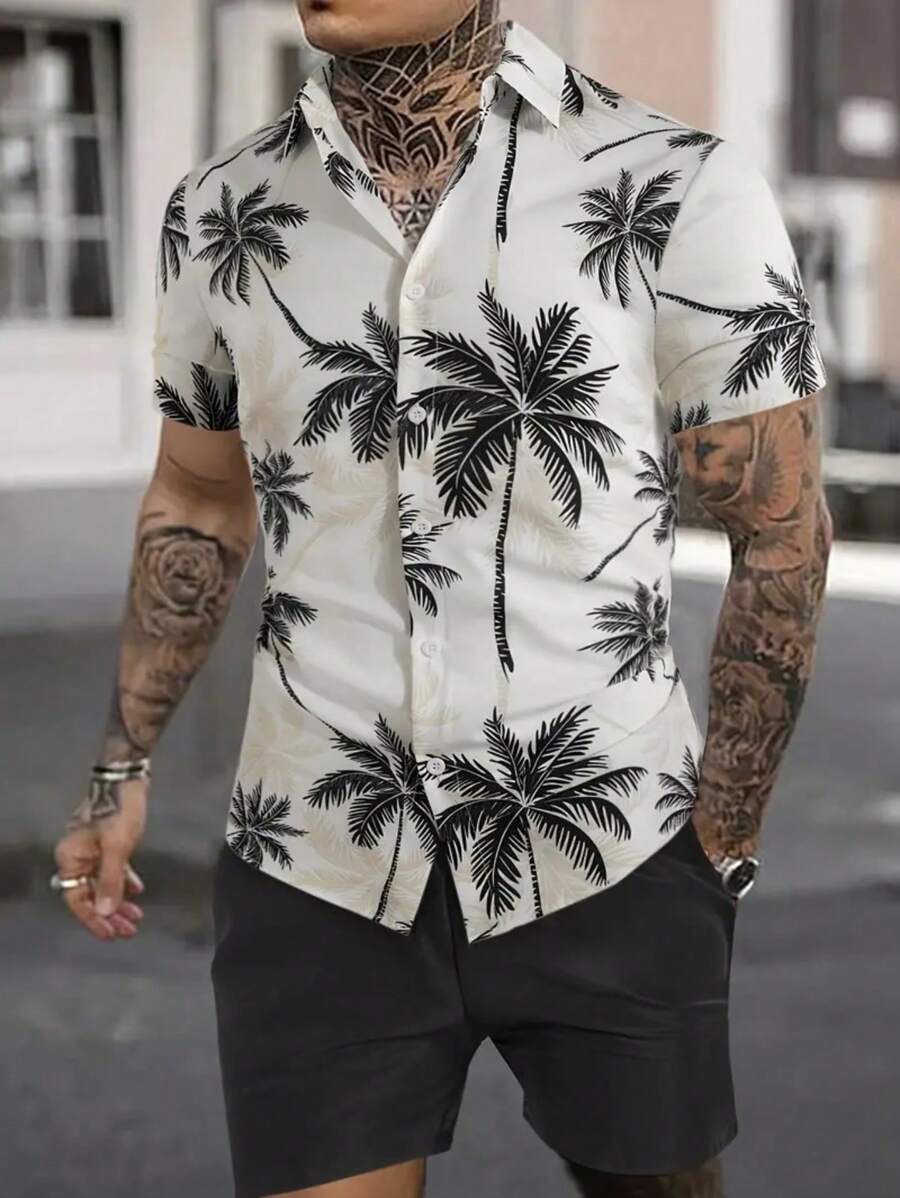 Set de 2 piezas de conjunto de moda para hombre: Polo de manga corta con estampado de árbol de coco y shorts con cordón de color liso