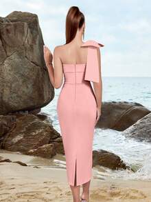 Elisanya Vestido de cóctel, fiesta y baile de graduación midi Adyce de un hombro con lazo decorativo, sin tirantes y abertura en la espalda, de unicolor, elegante y semiformal, para cumpleaños, bodas, graduaciones y cenas