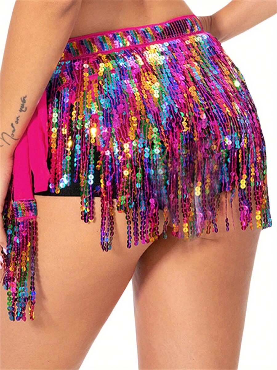 Belly Dance Skirt Boho Sequin Tassel Hip Skirt Hip Scarf Halloween Rave Dance Show Party Costume For Women - Màu Hồng Tươi - Xem 1