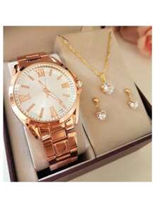 Kit Relógio Feminino Dourado Prata + Colar Brinco Folheado