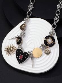 1pc Retro Hip Hop Punk Chic Zinx Alloy Multi Pendant Necklace, Suitable For Daily Wear - Multicolor - View 3