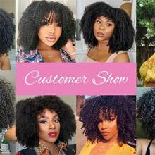 Afro Kinky Curly Wig With Bangs Full Machine Made Scalp Top Wig 200 Density Virgin Brazilian Short Curly Human Hair Wigs Natural Color 14-20 INCH - Natural Black - 查看 3