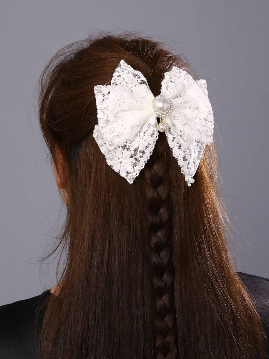 1pc Women's Fashion Elegant High-End White & Black Pearl Bow Hair Clip, Suitable For Daily, Festival, Party, Outing Wear - Multicolor - View 1