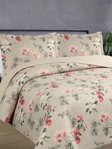 3-Piece Bedspread Quilt Kit Complete Box Bed Ultrasonic Butterfly Quilted - 粉紅色茉莉花 - 查看 1