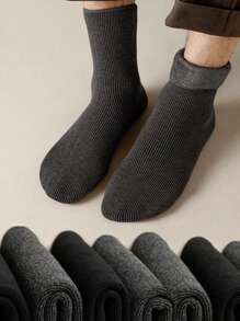 6 Pairs Men's Solid Color Thickened Thermal Mid-Calf Socks, Simple & Versatile