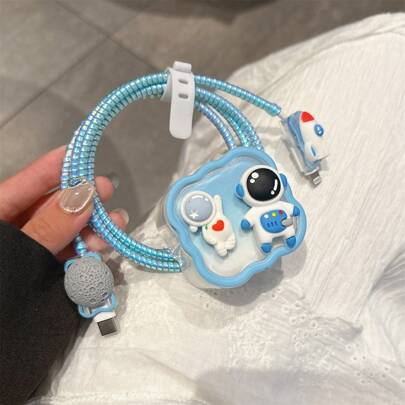 5 件/套英国标准 20W 充电器保护套，保护您的充电器，兼容 16 Pro Max、14、15 数据线、 12 Pro Max 充电器保护软壳、宇航员和月球波浪设计电缆保护器、充电器保护器