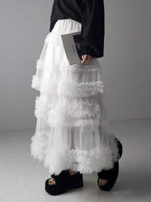 Women's Tulle A-Line Long Skirt High Waist Sheer Mesh Tiered Ruffled Skirt For Summer, Spring - 象牙白 - 查看 6