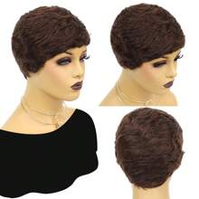 Pixie Cut Human Hair Wig Fashion Short Natural Color Brown Curly Wigs Full Machine Made Wig With Bangs Cosplay  New Year Christmas