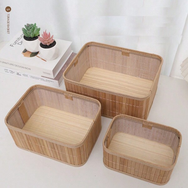 3pcs/Set Handwoven Bamboo Storage Baskets, Desk Organizer, Cosmetic Holders, Toy/Snack Containers, Kitchen/Bedroom Decor (Handcrafted, Slight Color Variation & Joint Edges)