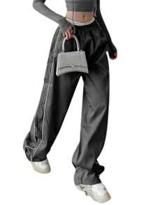 Womens Parachute Pants Wide Leg Baggy Pants Y2K Elastic Waist Jogger Sweatpants Track Pants Streetwear - 深灰色 - 查看 3