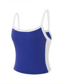 Womens Crop Cami Tops, Spaghetti Strap Square Neck Contrast Color Slim Fit Camisole - Blue - View 9