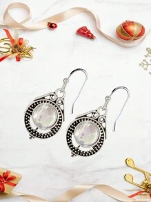 1 par de aretes vintage de piedra lunar, ganchos de plata para aretes con gemas de colores de arcoíris a la moda - Plata antigua - Ver 5