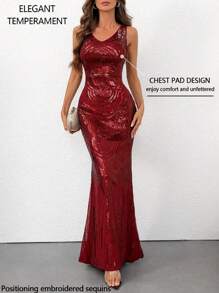 Women's Elegant V-Neck Mermaid Sleeveless Beaded Formal Evening Party Gown Dress For Wedding, Banquet - Burgundy - View 1