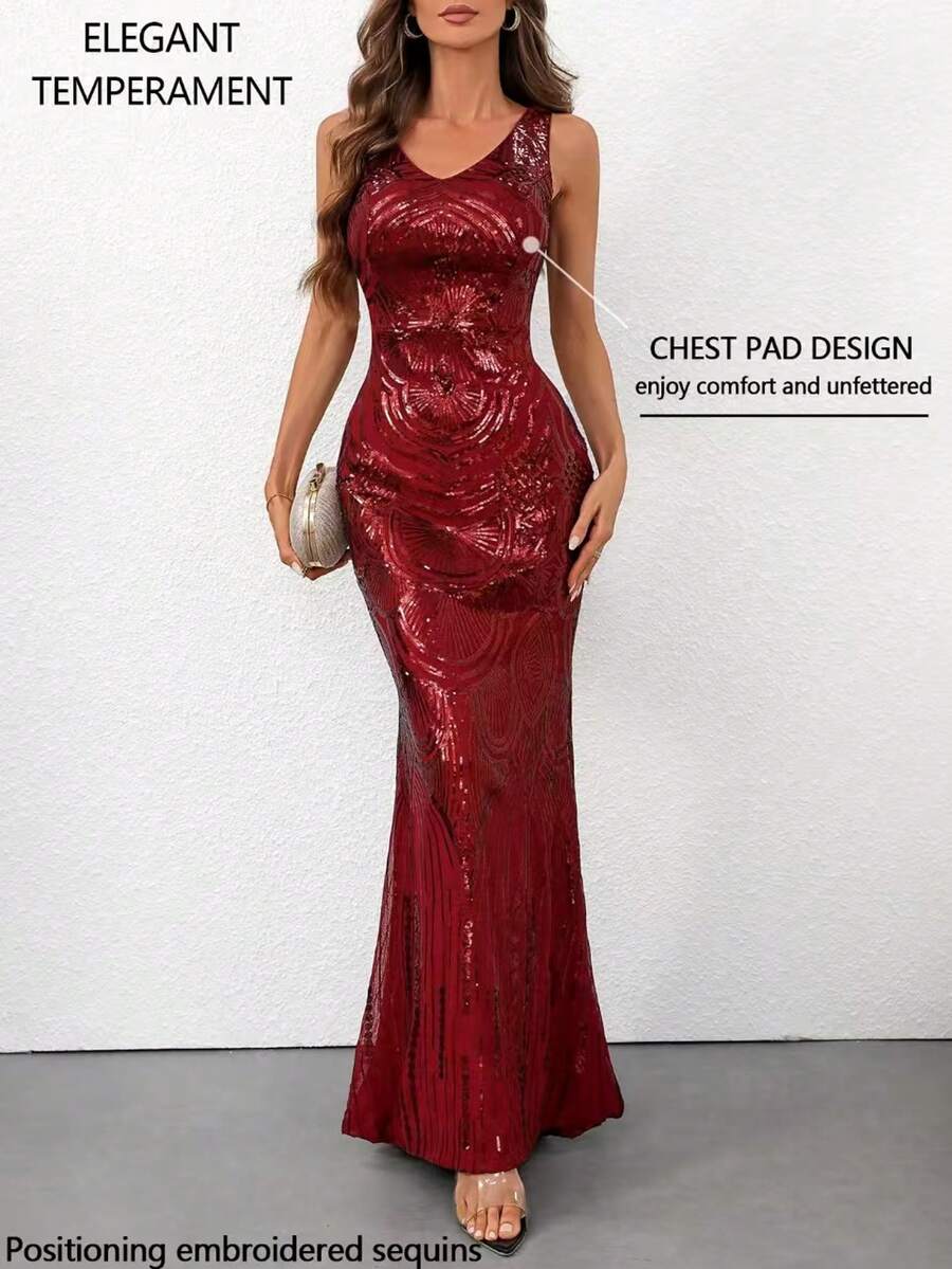 Women's Elegant V-Neck Mermaid Sleeveless Beaded Formal Evening Party Gown Dress For Wedding, Banquet - Burgundy - View 1