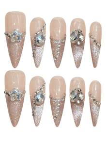 YADORNOS 10 件冰透明渐变细闪光猫眼小钻石法式手工亚克力按压指甲，长细高跟尖头假指甲，星形钻石法式指甲贴，情人节指甲，婚纱新娘指甲，DIY 指甲用品，含果冻胶和指甲锉 - 香檳色 - 查看 6
