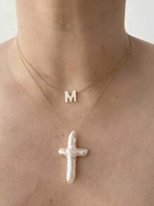 1pc Minimalist Elegant Luxury Asymmetrical Cultured Faux Pearl Cross Stainless Steel Waterproof Pendant Necklace, Suitable For Women's Daily, Party, Vacation, Banquet Wear, Great Gift For Mother, Wife, Girlfriend, Birthday, Christmas