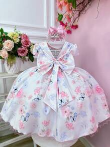 Vestido Infantil Marfim Festa Jardim das Borboletas De Igreja Aniversário Daminha Florista Luxo - Bege - Visão 4