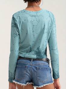 Women's Aesthetic Gothic Tops Retro Floral Print Bead Decor Long Sleeve Round-Neck Grunge T-Shirts - Green - View 5