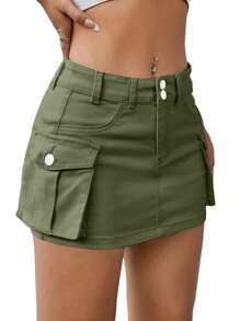 Women Mini Skirt Vintage Low Waist Cargo Skirt Summer Slim Fit Solid Color Skirt With Pockets For Club Party Streetwear