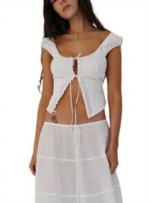 Womens Tank Tops Solid Color Sleeveless Sling Design Front Button Tie Cardigan Tank Tops - Blanco - View 1