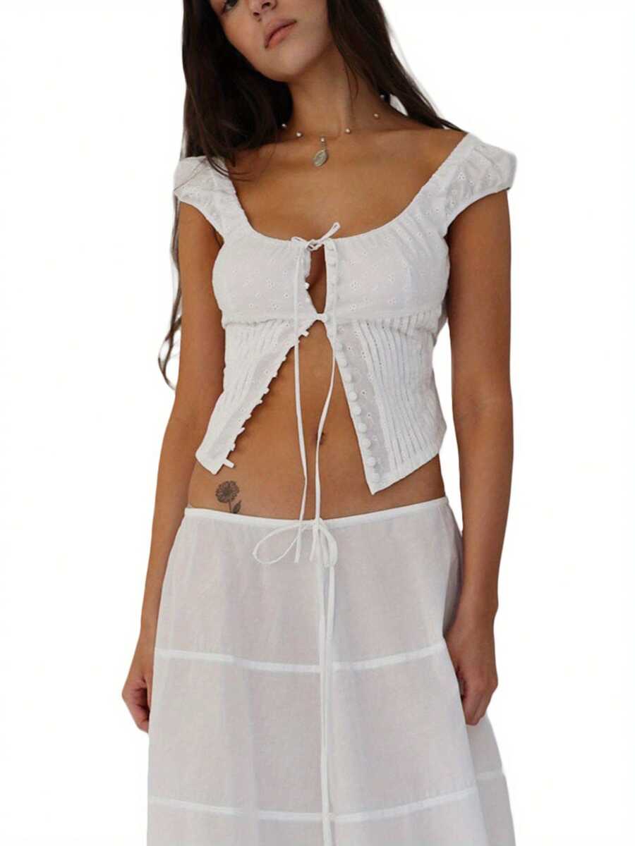 Womens Tank Tops Solid Color Sleeveless Sling Design Front Button Tie Cardigan Tank Tops - Blanco - View 1