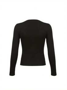 Women Slim-fit Printed T-shirt, Adults Casual Long Sleeve Round Neck Pullover Black - Negro - Ver 4
