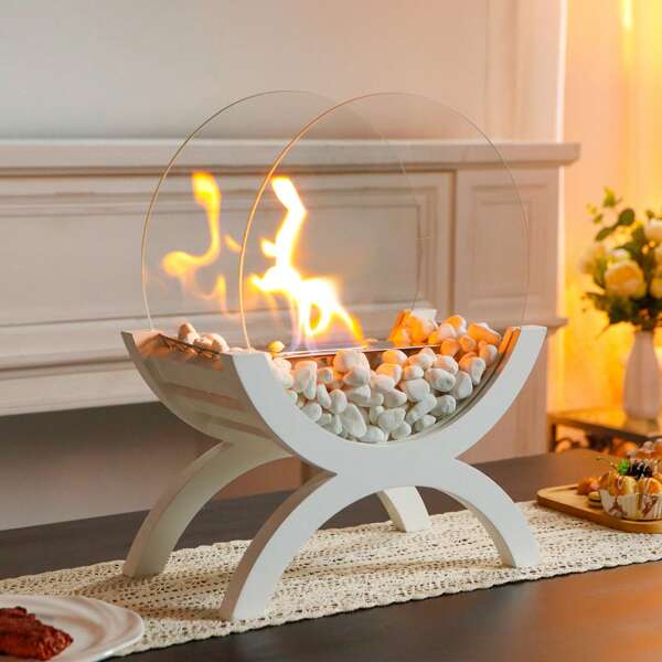 Großer Tischkamin Feuerstelle 43 cm hoch Feuerschale Topfmontage Sockel Sauber Brennender Bioethanol-Kamin Ohne Abzug für Partys Veranstaltungen Innen Außenbereich (Weißer Holzsockel)