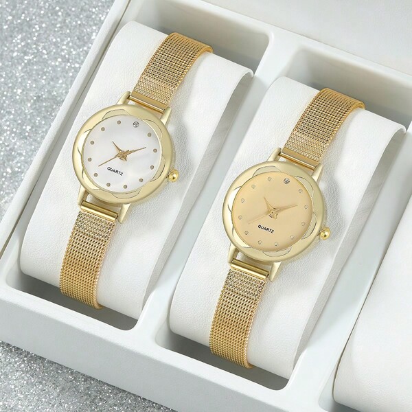 Set de 2 relojes de pulsera de mujer con caja de acero inoxidable y esfera redonda minimalista, regalo para ella (sin caja) para el Día de San Valentín