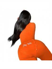 Women Deep V Neck Pajamas Jumpsuit Playsuit Solid Long Sleeve One Piece Romper Sleepwear - 橘色 - 查看 1