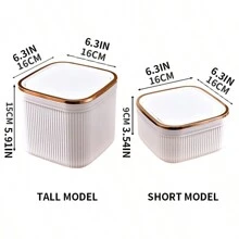 1pc Desktop Trash Can With Lid - White With Gold Trim - Removable Small Garbage Bin, Plastic Waste Basket, Easy Press Open Cover, Suitable For Bathroom, Office, Vanity, Coffee Table, Kitchen Table, Dining Table / Room, Bedroom, Bathroom, Kitchen - Gray Striped Trash Can - Multicolor - View 9