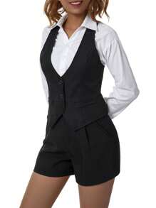 Women Waistcoat Vests, Vintage Sleeveless V Neck Button Down Dressy Suit Blazer Vest - Black - View 2