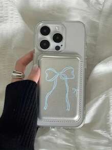 别致银色仿皮磁性钱包可爱蝴蝶结丝带兼容 16 15 14 Pro Max 无线充电卡夹口袋可检查身份证名片，送给母亲、家人、朋友、生日、节日贺卡的礼物 - 銀色 - 查看 2