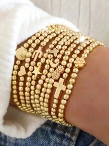 3 件/9 件套装简约 CCB 十字贝壳星菠萝爱心花圆珠手链套装女士舞会约会节日礼物搭配日常服装、派对配饰 - 款式1 - 查看 1