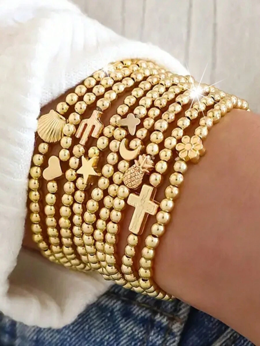 3 件/9 件套装简约 CCB 十字贝壳星菠萝爱心花圆珠手链套装女士舞会约会节日礼物搭配日常服装、派对配饰 - 款式1 - 查看 1