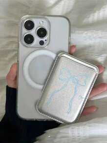 别致银色仿皮磁性钱包可爱蝴蝶结丝带兼容 16 15 14 Pro Max 无线充电卡夹口袋可检查身份证名片，送给母亲、家人、朋友、生日、节日贺卡的礼物 - 銀色 - 查看 3