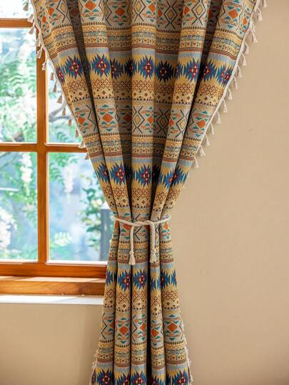 1 pieza Cortina borla geométrica bohemia de jacquard, lavable a máquina, se puede usar como divisor de habitación, cortina de puerta para dormitorio, estudio, sala de estar, oficina, balcón, comedor, decoración de granja