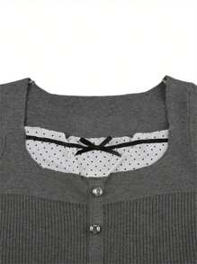 Women Knitting Shirt, Short Sleeves Square Neck Knitting Buttons Dot Print Casual Party Street Ruffled Tops - Grey - View 6