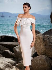 ADYCE Rochie de damă cu talie înaltă, fără spate, cu umeri goi și decorațiuni cu funde, pentru bal, petrecere și gală, rochie de cocktail pentru invitați la nuntă - alb - Vizualizare 5