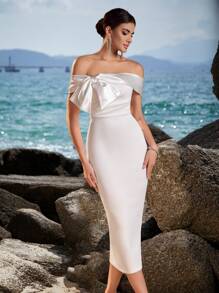 ADYCE Rochie de damă cu talie înaltă, fără spate, cu umeri goi și decorațiuni cu funde, pentru bal, petrecere și gală, rochie de cocktail pentru invitați la nuntă - alb - Vizualizare 7