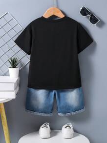 Young Boy Letter Print Short Sleeve T-Shirt And Denim Shorts - Black - View 2