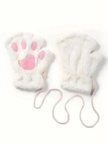 1 Pair Cute Cat Paw Design Fingerless Gloves, Thick Plush Bear Paw Style - White - View 6