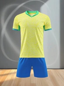 Customizable Brazilian Style Youth Football Set, Suitable For Children Aged 8-12- Personalized Jersey And Shorts Set With Customizable Logo, Numbers, And Text Content - Yellow - View 5