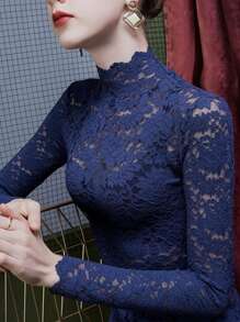 性感蕾丝长袖打底上衣，立领，修身，2024 年女士时尚冬装