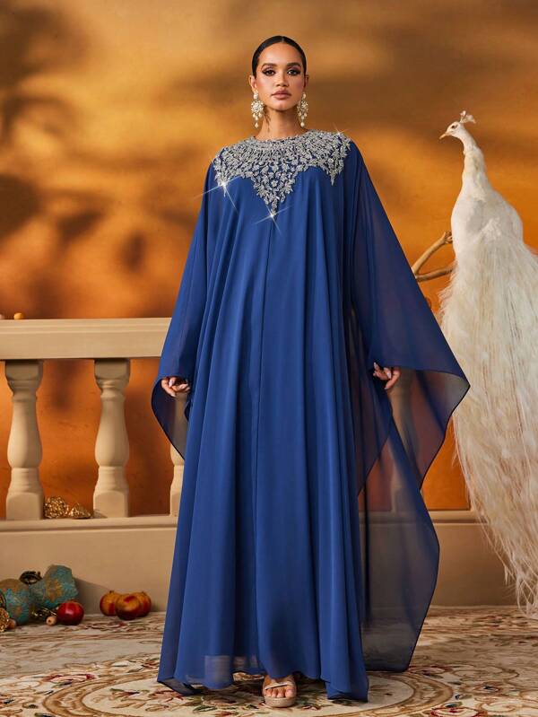 AmazingHoney Elegante caftán de gasa azul con adornos plateados y mangas largas, vestido abaya, abaya de fiesta, vestido de gala modesto (talla oversize - por favor consulte la tabla de tallas)