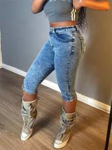 Women Slim-Fit Stretchy Capri Jeans, Elastic Button Jeans, Side Button Embellished, Skinny Pants, Women's Clothing And Jeans - 中等水洗藍 - 查看 6