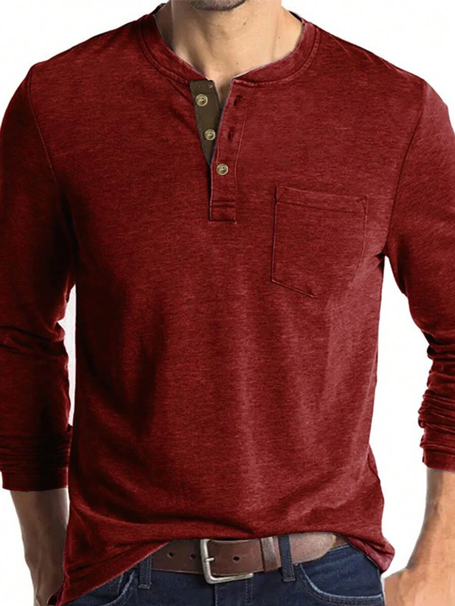 FEIAO 男士休闲运动撞色拉链领轻薄长袖 Polo 衫，可单穿或叠穿，舒适日常穿着 - 酒紅色 - 查看 1