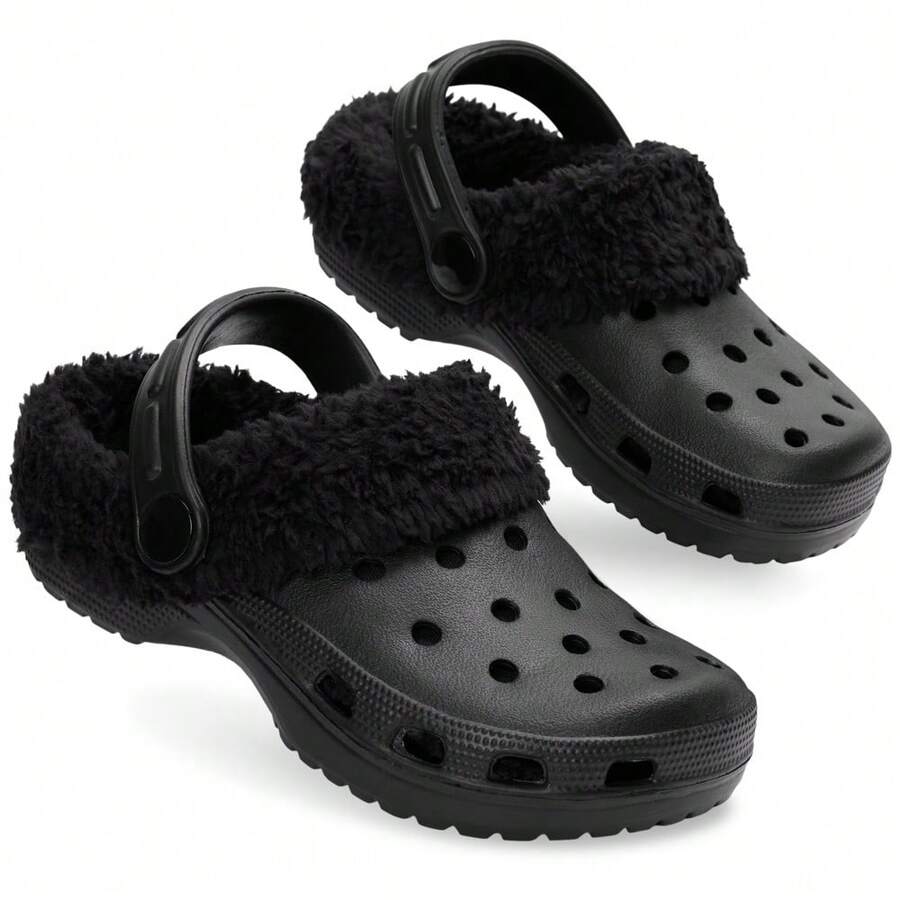 City Comfort Winter Clogs Fleece Lined Removable Shoe Charms Garden Shoes Slippers Mules Slip On With Strap - Black - View 1