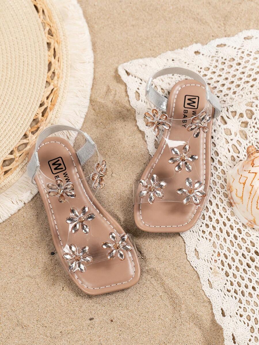 Girls' Fashionable Cute Glitter Sequin Snowflake Thong Flat Sandals, Peep Toe Summer Flat Dress Shoes, Suitable For Little Girls Beach Party Outdoor Camping, Flower Center Changed To Round Rhinestones