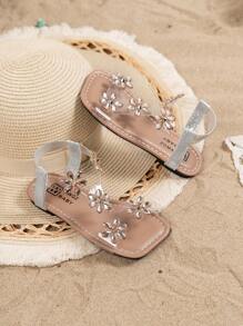 Girls' Fashionable Cute Glitter Sequin Snowflake Thong Flat Sandals, Peep Toe Summer Flat Dress Shoes, Suitable For Little Girls Beach Party Outdoor Camping, Flower Center Changed To Round Rhinestones